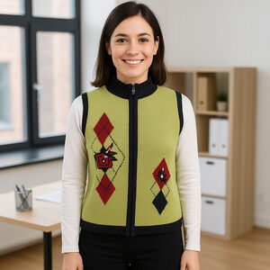 Breckenridge Sweater Vest Women Petite Large Green Argyle Embellished Cottagecor